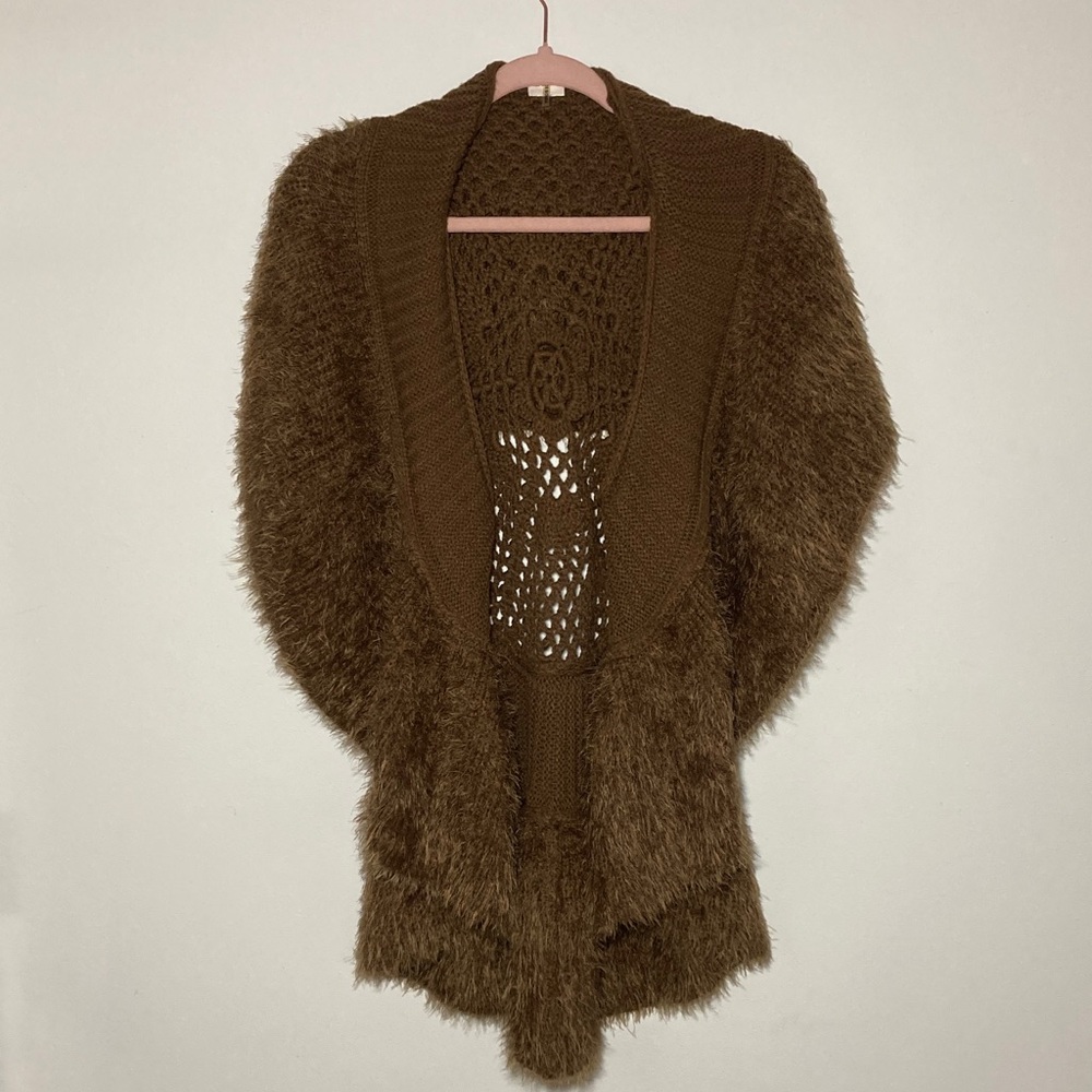 Miss Kelly 1999 Cozy Brown Crochet Fuzzy Women's Cardigan